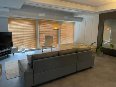 a living room with a couch and a television at Tatami-Tokyo studio apartment in Tokyo
