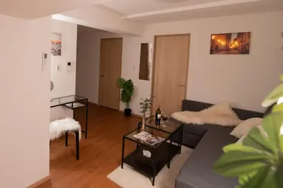 a living room with a couch and a table at Shibuya Center Street 4 minutes direct access to Shinjuku and Harajuku and Omotesando in Tokyo