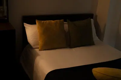 a bed with two brown pillows at \u9326\u7cf8\u753a in Tokyo