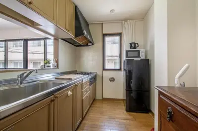 a kitchen with a sink and a black refrigerator at TRILOOP Higashi-Shinjuku in Tokyo