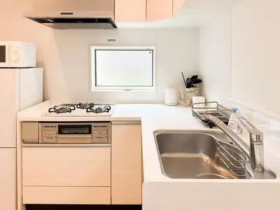 a small kitchen with a sink and a stove at Triphome Shinjuku Takadanobaba Sakura House in Tokyo