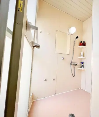 a shower in a bathroom with a pink floor at Ikebukuro NO'3 in Tokyo