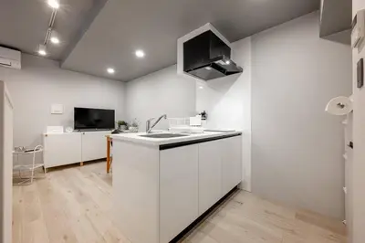 a white kitchen with a sink and a tv at 24\u5e749\u6708\u30aa\u30fc\u30d7\u30f3 \u767d\u5c71\u99c55\u5206 \u53ce\u5bb95\u4eba \u4e38\u8cb8\u3057\u5207\u308a 102\u5ba4 in Tokyo
