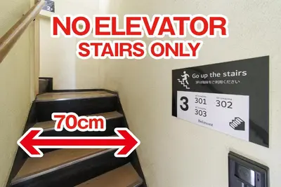 a sign that reads no elevator stairs only with a sign on a wall at Belmont 301 3min to Station Easy Access Ueno Asakusa Skytree Sleeps 5 in Tokyo