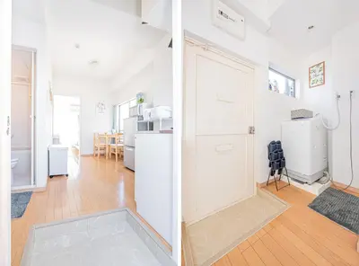 a kitchen and a living room with white appliances at mori house\u897f\u304c\u4e18 in Tokyo