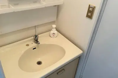 a bathroom sink with a bottle of soap on it at Warmhome-hirai2F in Tokyo