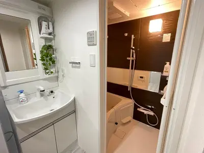 a small bathroom with a sink and a shower at COMMA HOUSE Otsuka 101 in Tokyo