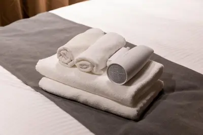 a pile of towels with a hair dryer on a bed at \u30d6\u30e9\u30f3\u30d9\u30fc\u30b9\u6771\u4eac\u516d\u7fa9\u5712 aw in Tokyo
