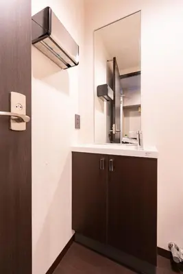 a bathroom with a sink and a mirror at \u30d6\u30e9\u30f3\u30d9\u30fc\u30b9\u6771\u4eac\u516d\u7fa9\u5712 aw in Tokyo