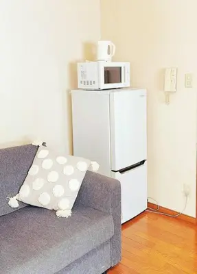 a living room with a couch and a microwave on a refrigerator at U-Court Kinshicho 3F in Tokyo