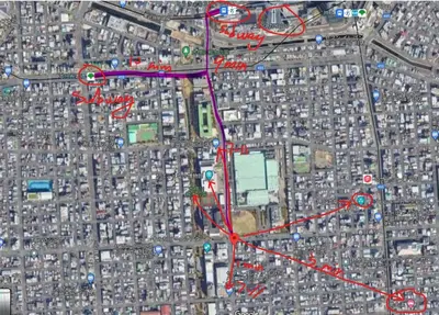 a map of a city with lots of traffic at Momostay Skytree\u524d\u4f11\u696d\u4e2d in Tokyo