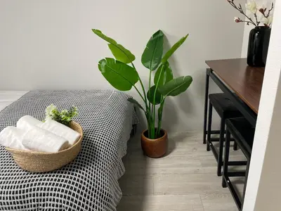 a basket of towels and a plant next to a table at COMMA HOUSE Otsuka 3-1 in Tokyo