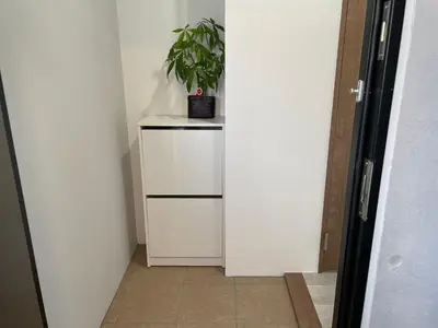 a plant sitting on top of a white cabinet in a hallway at COMMA HOUSE Otsuka 3-2 in Tokyo