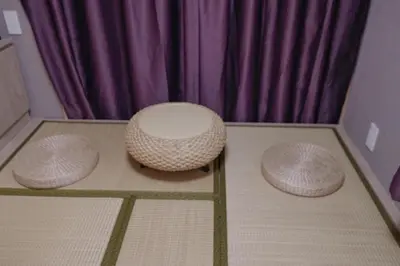 a room with three spheres on the floor with purple curtains at City Pal Sakurashinmachi - Vacation STAY 17753 in Tokyo