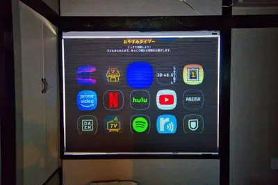 a display of apps on a window in a bathroom at Tokyo Nook in Tokyo