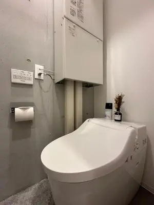 a bathroom with a white toilet and a cabinet at nestay inn tokyo skytree in Tokyo