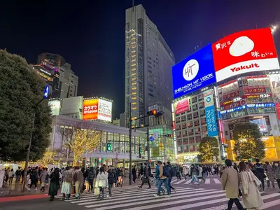 a crowd of people crossing a busy city street at night at Hotel SUNROAD Adult Only in Tokyo