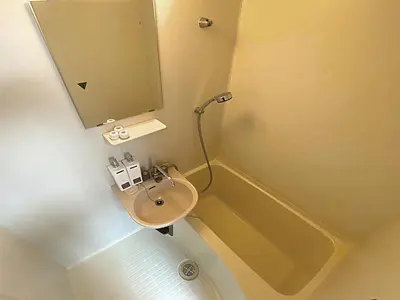 a bathroom with a sink and a mirror and a tub at Liberty Shinjuku House in Tokyo
