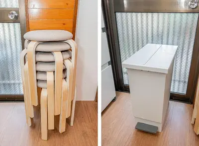 two pictures of a wooden stool next to a table at ZSF-Kameido House -KT0413 in Tokyo