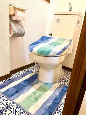 a bathroom with a toilet with a blue and green rug at Sakura Bloom Separate House in Tokyo