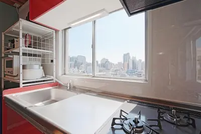 a kitchen with a sink and a large window at V Close to Shinjuku Kabukicho Korean Town FrWIFI H in Tokyo