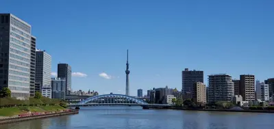 a bridge over a river in a city with buildings at Tokyo villa Ryogoku in Tokyo