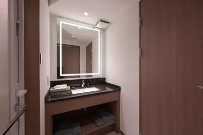 a bathroom with a sink and a mirror at COCOYO Hotel \u5927\u585a in Tokyo
