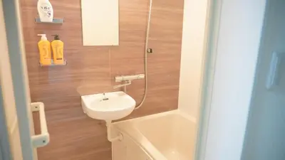 a bathroom with a sink and a toilet and a shower at Uhome Tsubame Apartment in Tokyo