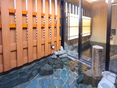 a room with a pond with rocks and a fence at Dormy Inn Ueno Okachimachi in Tokyo