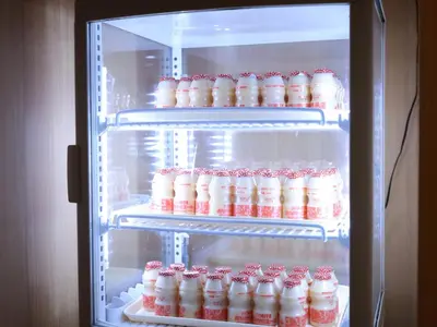 an open refrigerator filled with lots of milk and strawberries at Dormy Inn Ueno Okachimachi in Tokyo