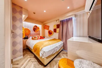 a small bedroom with a bed and a tv at SweetsHotel Ikebukuro -Adult Only in Tokyo
