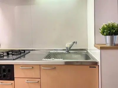a kitchen with a sink and a stove at \u65b0\u5bbf\u4e00\u7ad95\u5206\u949f-303-\u9910\u9986\u8d2d\u7269\u8857-\u5b89\u9759\u54c1\u8d28\u516c\u5bd3-\u76f4\u8fbe\u7687\u5c45\u79cb\u53f6\u539f in Tokyo