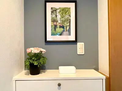 a picture on a wall with a vase of flowers on a cabinet at \u65b0\u5bbf\u4e00\u7ad95\u5206\u949f-304-\u9910\u9986\u8d2d\u7269\u8857-\u5b89\u9759\u54c1\u8d28\u516c\u5bd3-\u76f4\u8fbe\u7687\u5c45\u79cb\u53f6\u539f in Tokyo