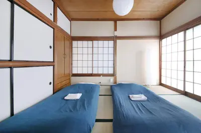 a room with two beds in a room with windows at Machiya \u4eac Asakusa in Tokyo