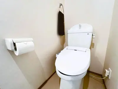 a bathroom with a toilet and a roll of toilet paper at Ueno Cozy Loft Apt Free WiFi in Tokyo