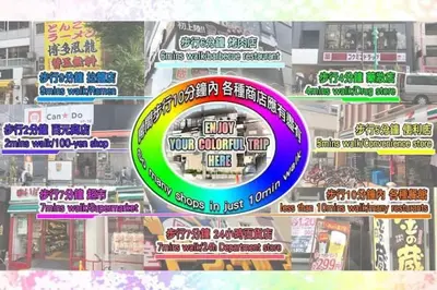 a collage of signs in front of a building at D12\u65b0\u5bbf\u4e2d\u5fc3 \u8d85\u7ea7\u5546\u5708 \u4ea4\u901a\u67a2\u7ebd 4\u6761\u7ebf\u8def \u8f66\u7ad98\u5206\u949f Shinjuku center 8 mins to ST \u76f4\u8fbe\u65b0\u5bbf \u6d89\u8c37 \u8868\u53c2\u9053 \u54c1\u5ddd \u6c60\u888b \u4e0a\u91ce \u4ee3\u4ee3\u6728 \u94f6\u5ea7 \u539f\u5bbf in Tokyo