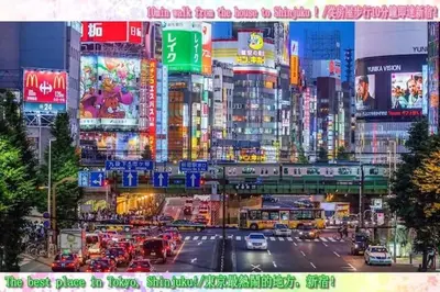 a view of a busy city street with many signs at D11\u65b0\u5bbf\u4e2d\u5fc3 \u8d85\u7ea7\u5546\u5708 \u4ea4\u901a\u67a2\u7ebd 4\u6761\u7ebf\u8def \u8f66\u7ad98\u5206\u949f Shinjuku center 8 mins to ST \u76f4\u8fbe\u65b0\u5bbf \u6d89\u8c37 \u8868\u53c2\u9053 \u54c1\u5ddd \u6c60\u888b \u4e0a\u91ce \u4ee3\u4ee3\u6728 \u94f6\u5ea7 \u539f\u5bbf in Tokyo