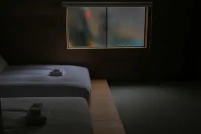 two cats sitting on a bed in a dark room with a window at \u3077\u3075\u304b\u5c0f\u6751\u4e95 - Pufuka Omurai in Tokyo