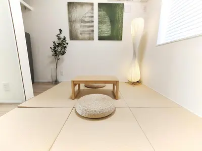 a living room with a table and a rug at \u65b0\u5bbf2\u7ad9 \u6c60\u888b\u5168\u65b0\u72ec\u7acb3\u5c42\u522b\u5885 3\u5ba41\u53851\u6d74\u5ba4 \u6700\u59278\u4eba max 8P \u8f66\u7ad97\u5206\u949f 7mins to ST \u94f6\u5ea7 \u65b0\u5bbf \u6d89\u8c37 \u6c60\u888b \u4e1c\u4eac\u76f4\u901a in Tokyo