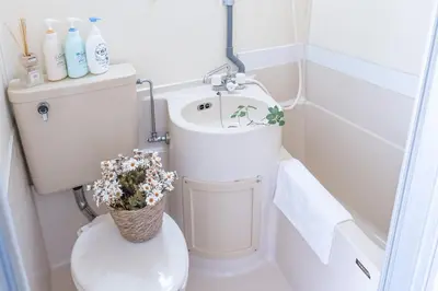 a bathroom with a toilet with a sink and flowers at Nakano106,Nakano Broadway,Shinjuku 1 stop in Tokyo