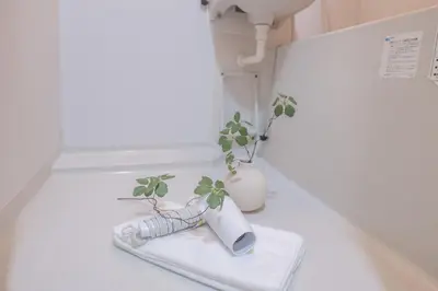 a plant in a white vase sitting on a towel at Nakano Walking 4 Mins Broadway Shinjuku 1 stop in Tokyo