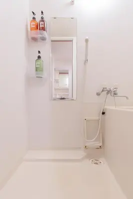 a white bathroom with a sink and a mirror at Sumida River 'Midori' APT in Tokyo