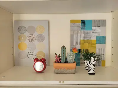 a shelf with plants and an alarm clock on it at Urban Stage Okubo in Tokyo