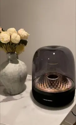 a vase of white flowers and a black appliance on a table at Hotel Beswe in Tokyo