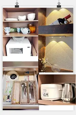 a kitchen with various items on a shelf at ManOku in Tokyo