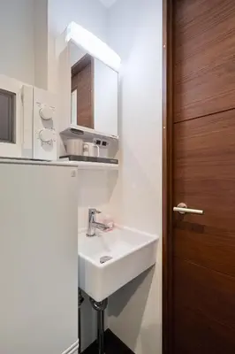 a bathroom with a sink and a wooden door at LIFE TOWN Yotsugi in Tokyo