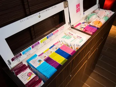 a refrigerator filled with lots of different types of food at SUPER HOTEL Tokyo Akabane Station Higashiguchi Ichibangai in Tokyo