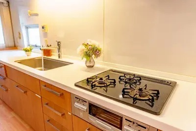 a kitchen with a stove top oven next to a sink at Higashi-Shinjuku 906 in Tokyo