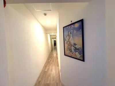 a hallway with a painting hanging on a wall at Higashi-Shinjuku 14F in Tokyo