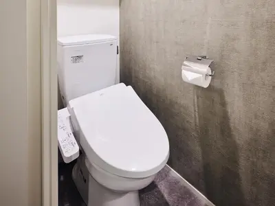 a bathroom with a white toilet and a roll of toilet paper at HOTEL ALL IN TOKYO Asakusabashi in Tokyo